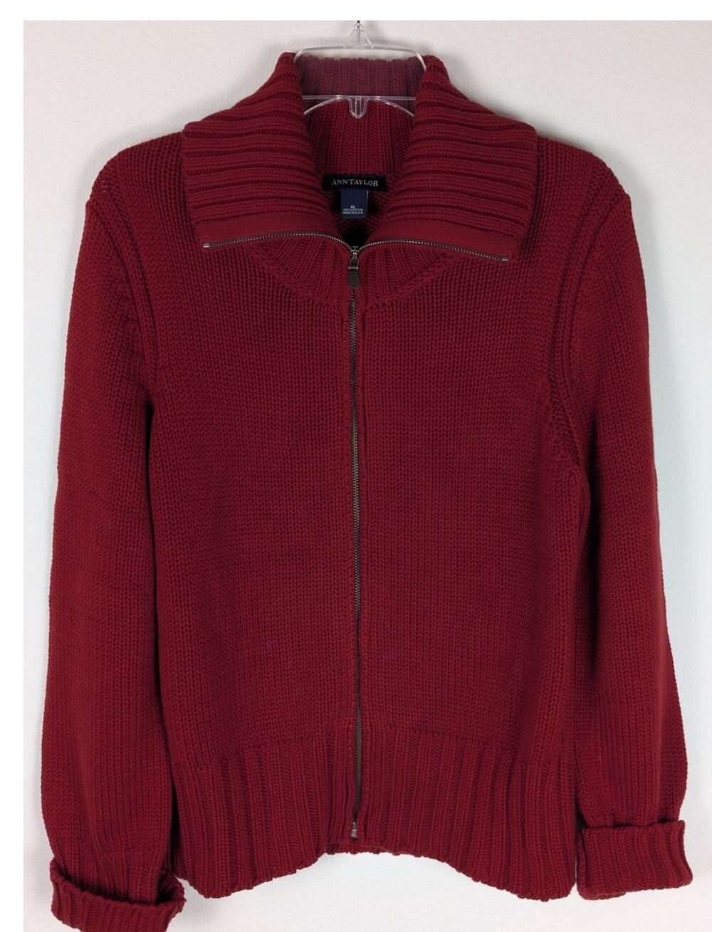 Vintage Ann Taylor Knit Zip Sweater XL USA 100% Cotton Burgundy